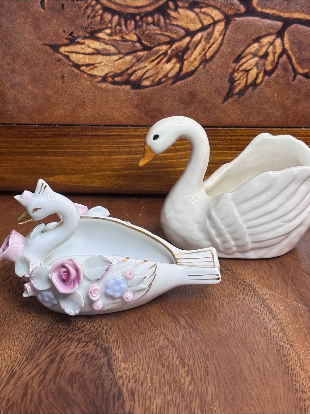 Vintage Ceramic Swan Trinket Dishes - White with Pink Floral Accent